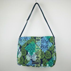 VERA BRADLEY PURSE Blue & green paisley quilted fabric messenger bag 15"x12"